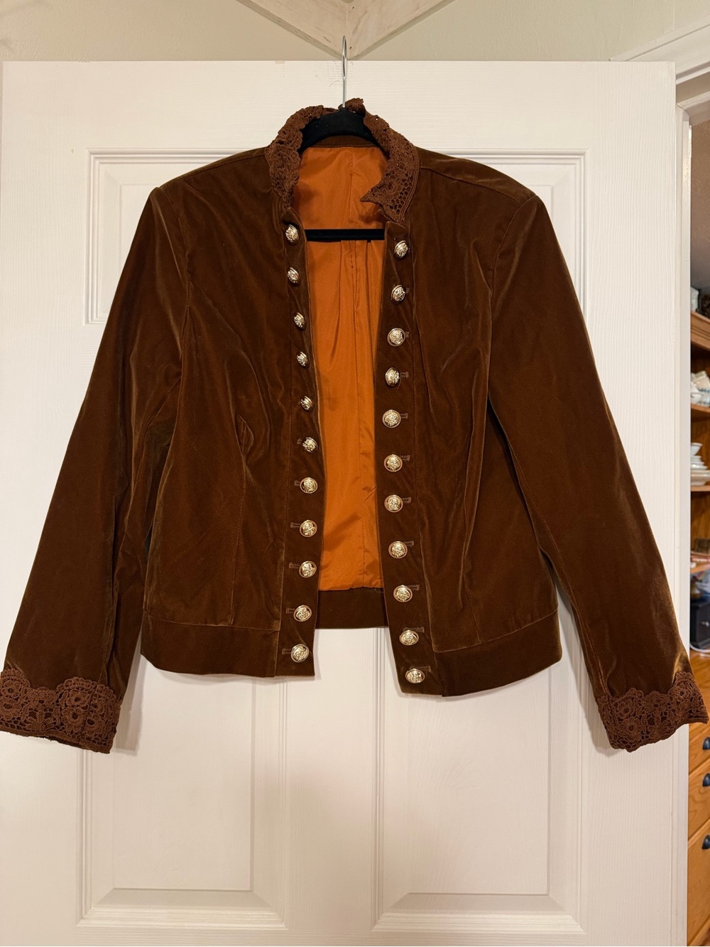 Brown Velvet Military-Style Button Front Jacket